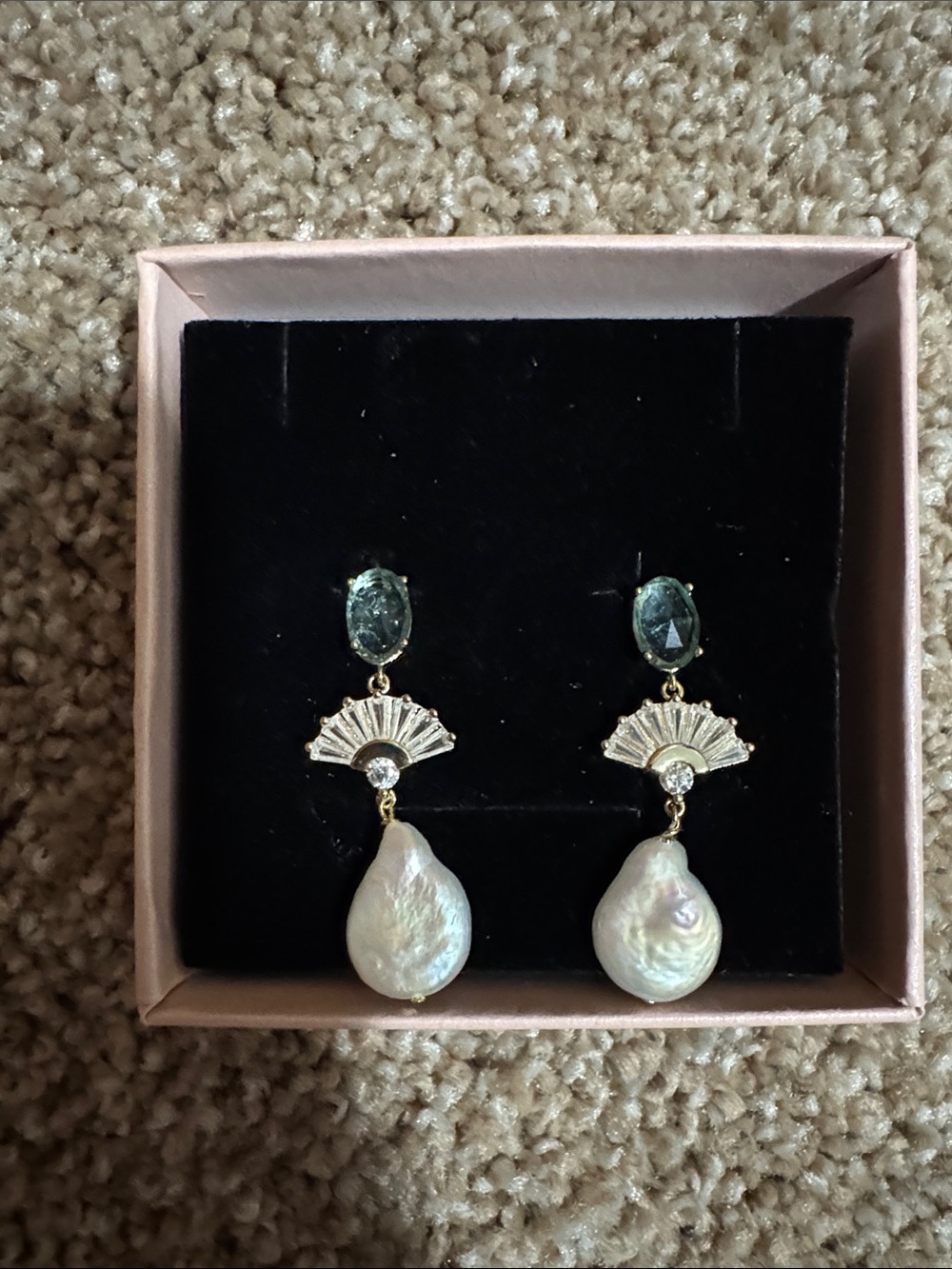 Gold Fan Drop Earrings with Iridescent Baroque Pearls - White